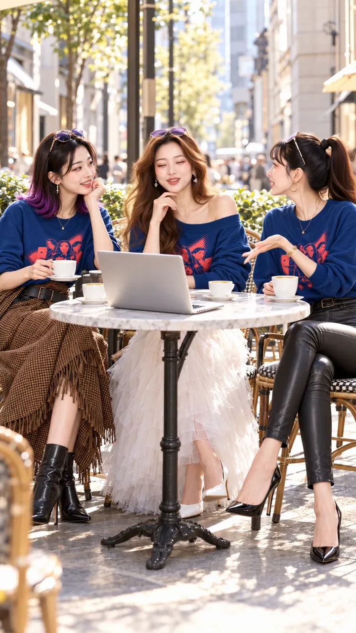 キャラクターシートを使って作ったリールの1コマ。カフェのテラス席で3人が話している
