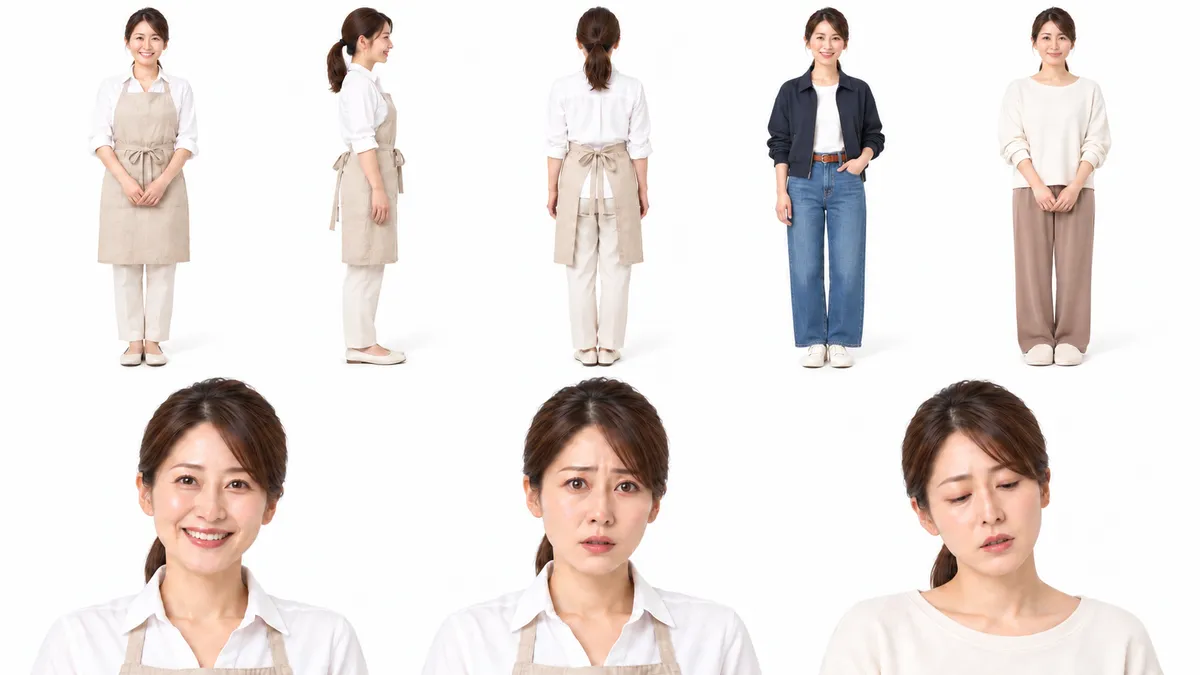 実在しないパン教室の先生のキャラクターシート。エプロン姿、ブルゾン姿、部屋着、3つの表情
